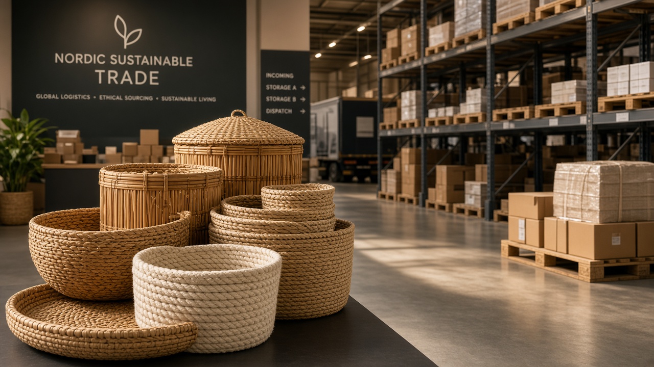 Premium woven baskets in a modern global logistics warehouse
