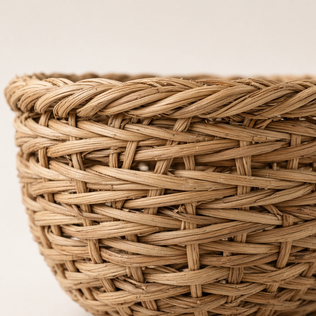 Close-up of natural rattan and bamboo basket weaving